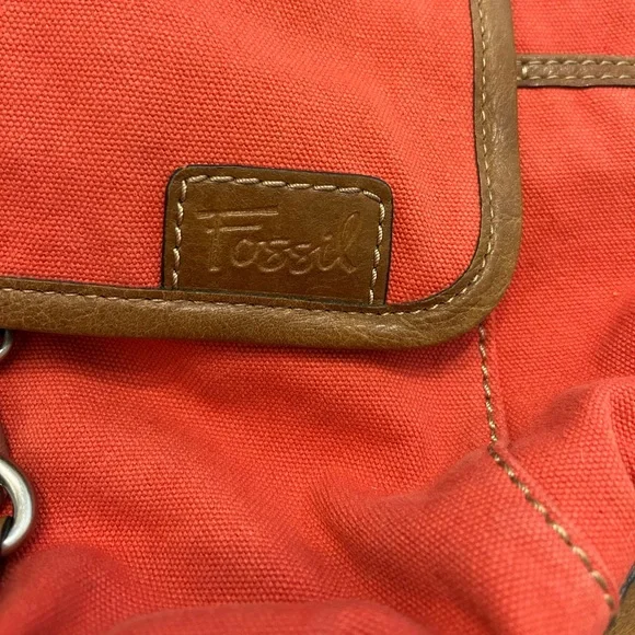 Fossil Red Canvas with Leather Accents Crossbody Purse Handbag Adjustable Strap - Picture 11 of 15